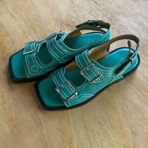 NWOT GANNI Embroidered Western Sandals in Bottle Green (Sz 39)